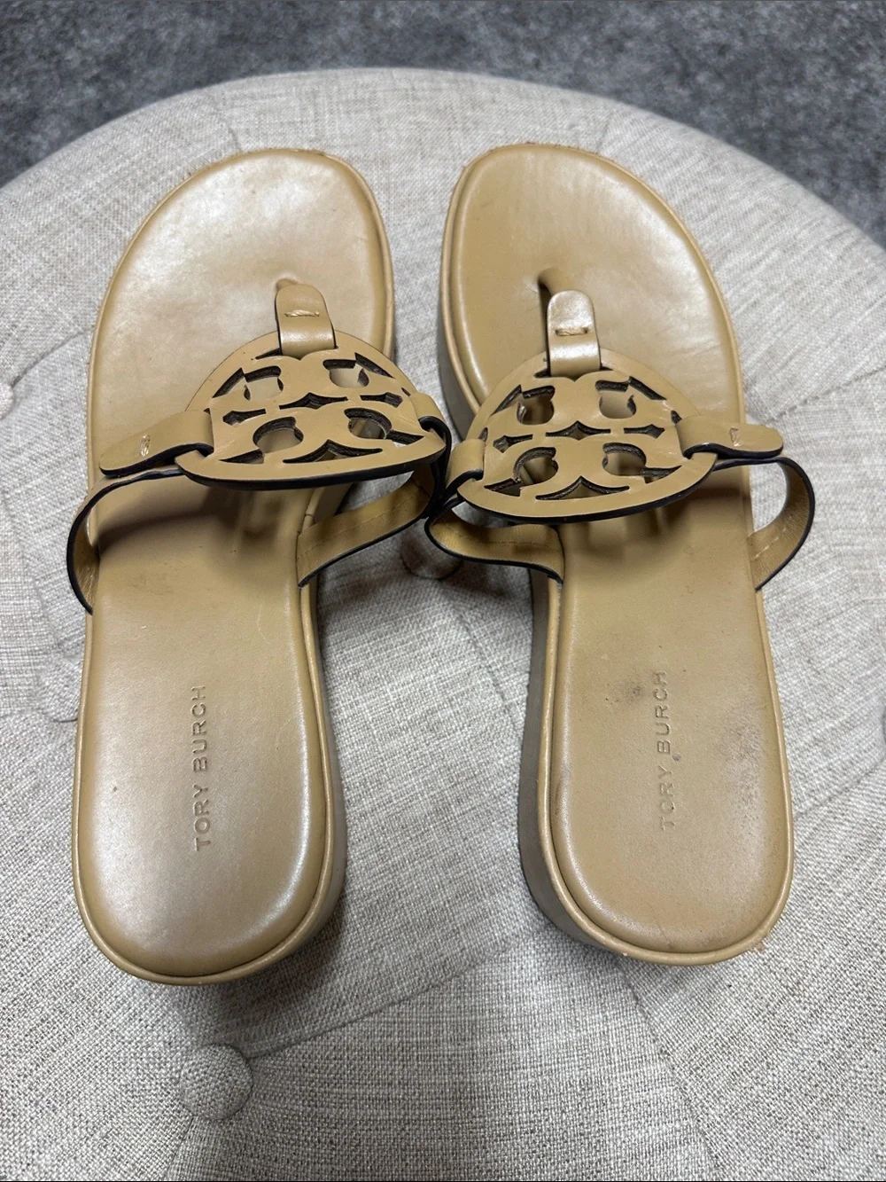 Tory Burch Beige/Tan Miller Logo Platform Thong Sandals